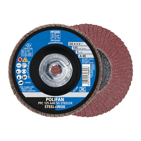 Pferd 5" x 5/8-11 Thd. POLIFAN Flap Disc - A SG STEELOX, Aluminum oxide, 40 Grit, Conical 62313